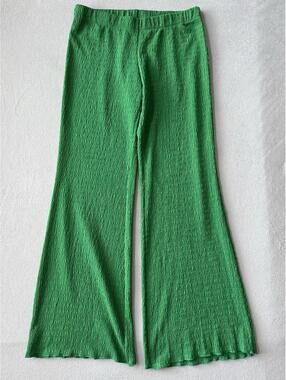 Vestique Green Textured Wide Leg Pants Resort Coastal Vacation Flare Stretch L